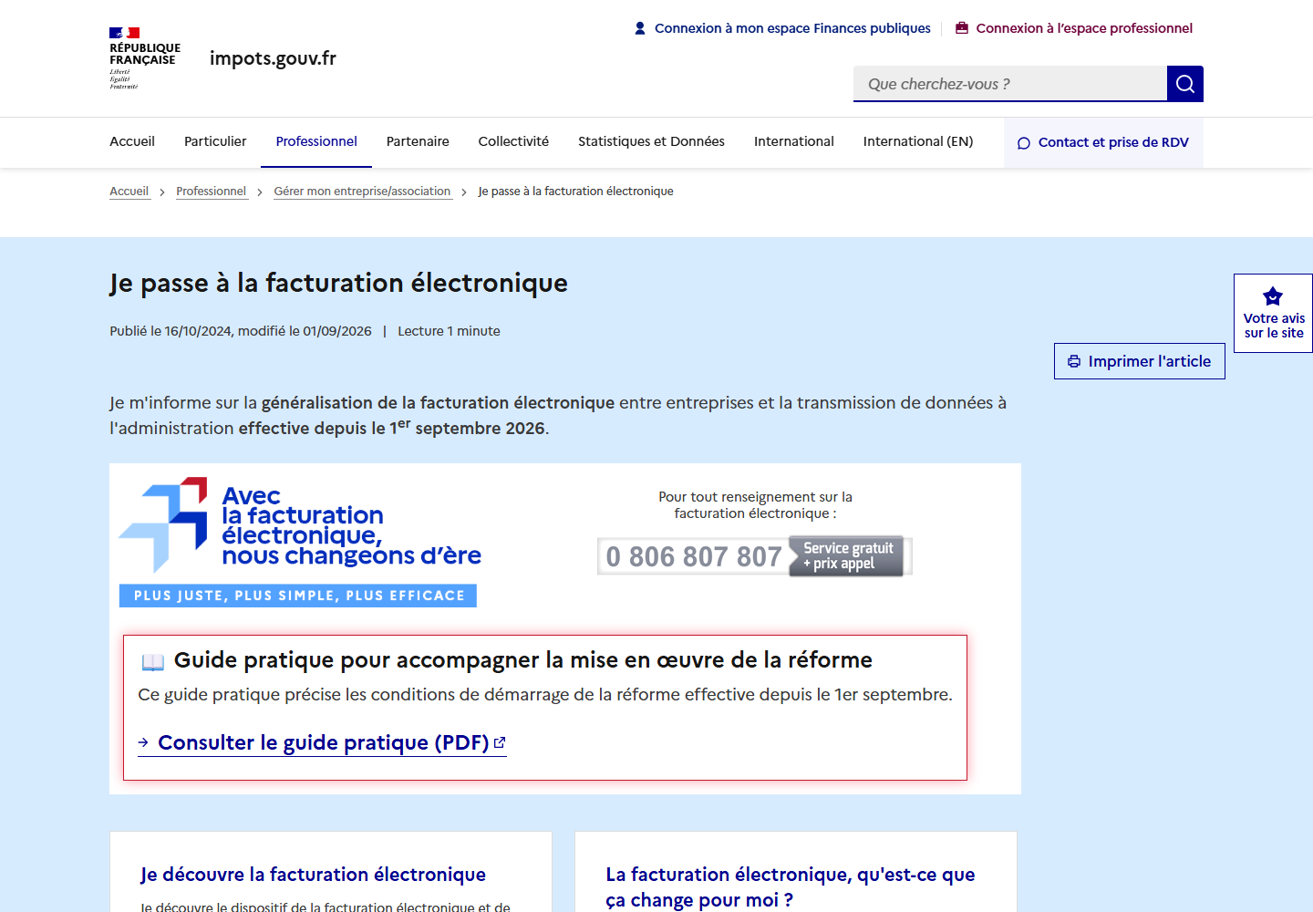 Page « Je passe à la facturation électronique » sur impots.gouv.fr