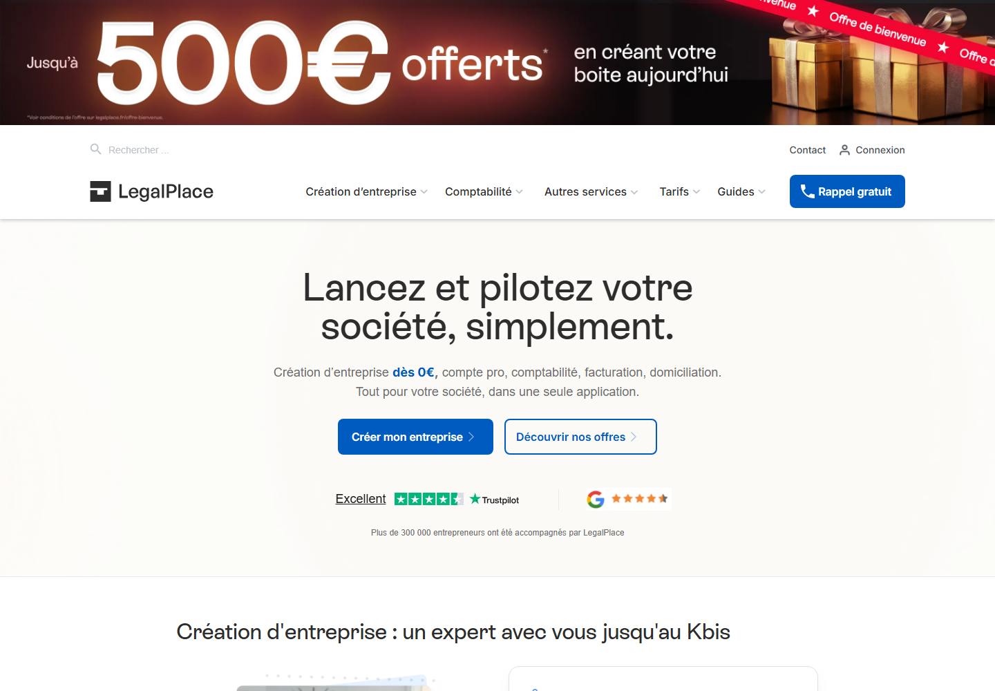 Page d'accueil de LegalPlace : lancez et pilotez votre société, simplement