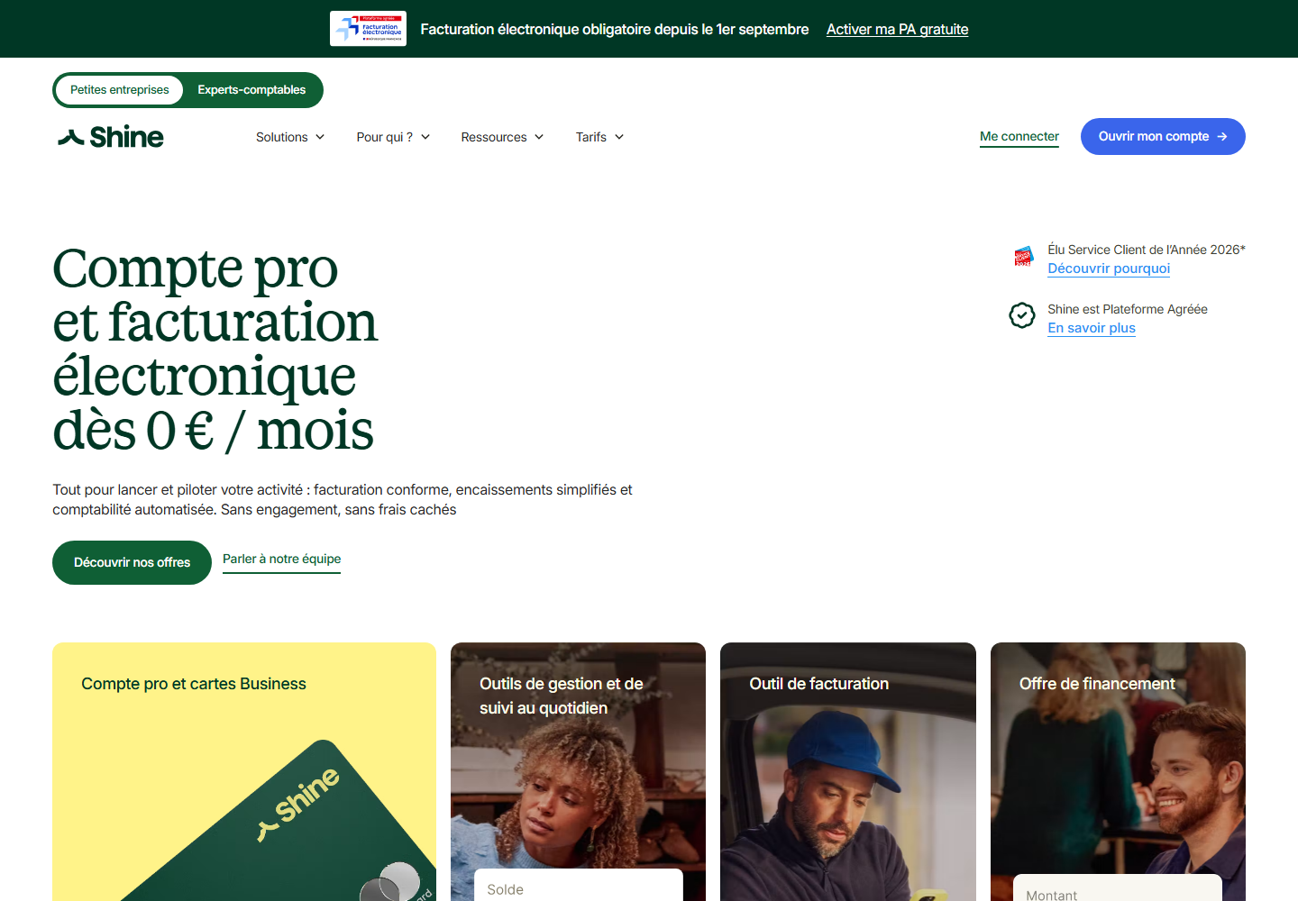 Page d'accueil de Shine : compte pro et facturation électronique dès 0 € par mois