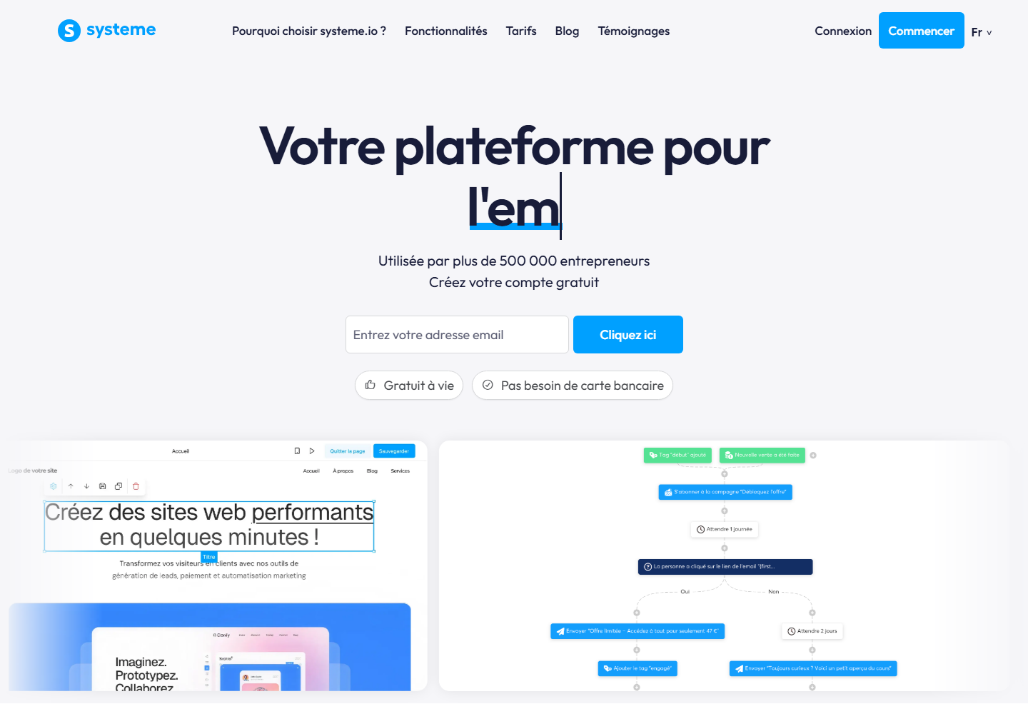 Page d'accueil de systeme.io : plateforme tout-en-un pour entrepreneurs